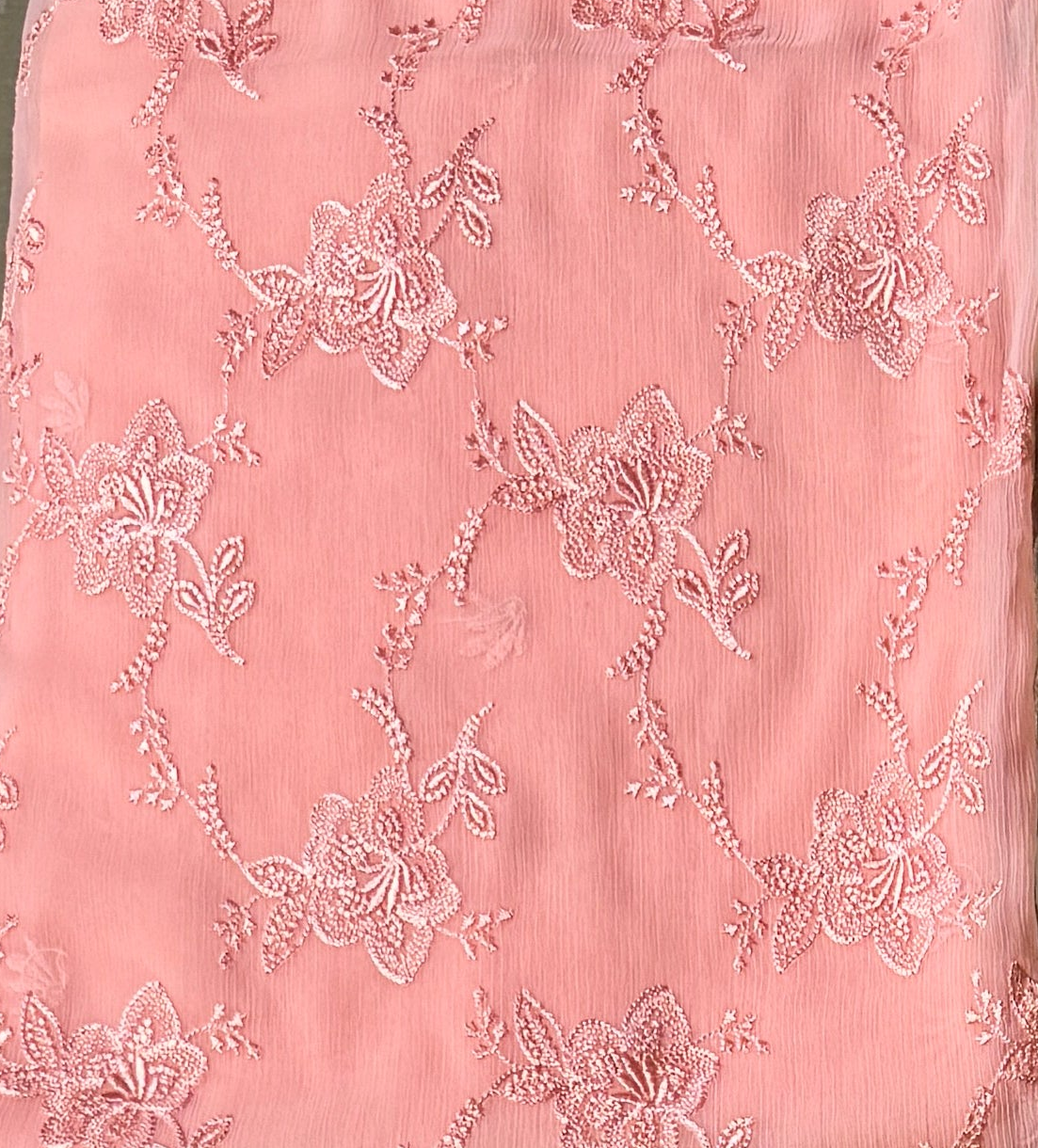 Casual Embroidery Suit Peach 3pcs Unstitched – Crinkle Chiffon Thread Work Dress for Women C002
