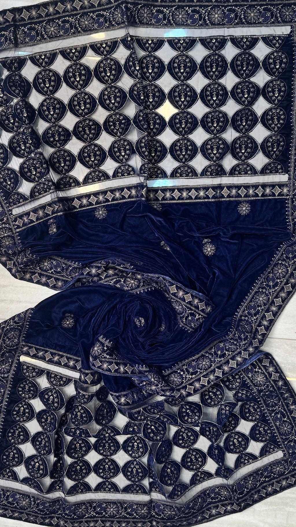 Navy blue velvet 4-side border embroidery shawl chamki dhanak winter partywear PWT016 Pakistan
