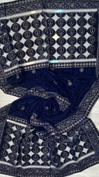 Navy blue velvet 4-side border embroidery shawl chamki dhanak winter partywear PWT016 Pakistan
