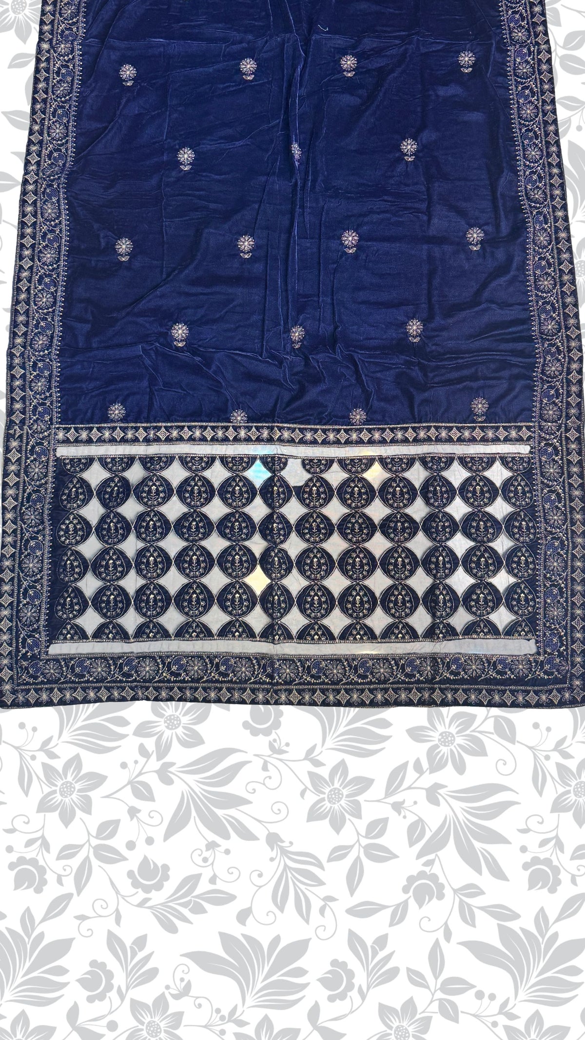Navy blue embroidery velvet shawl 4-side border chamki dhanak winter collection PWT016 Pakistan
