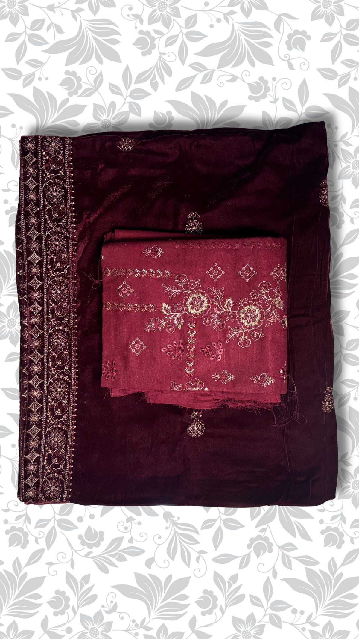 Chamki embroidery dhanak dress maroon velvet shawl winter collection partywear PWT016 Pakistan
