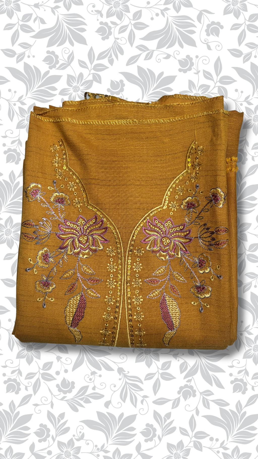 Chamki embroidery dhanak dress mustardf olded winter partywear collection unstitched PWT015 Pakistan
