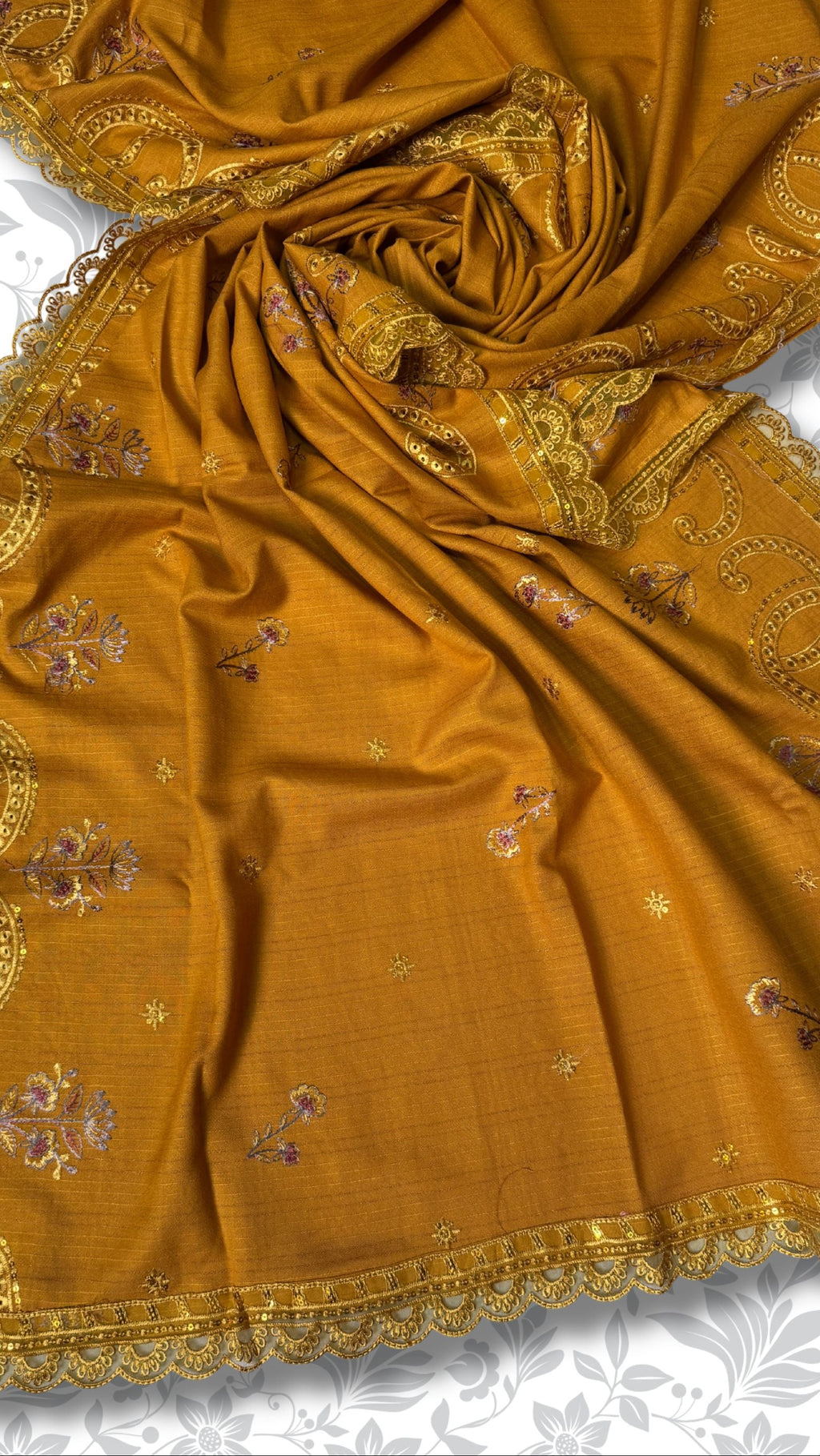 Mustard dhanak 4-side border embroidery shawl chamki winter partywear suit PWT015 Pakistan
