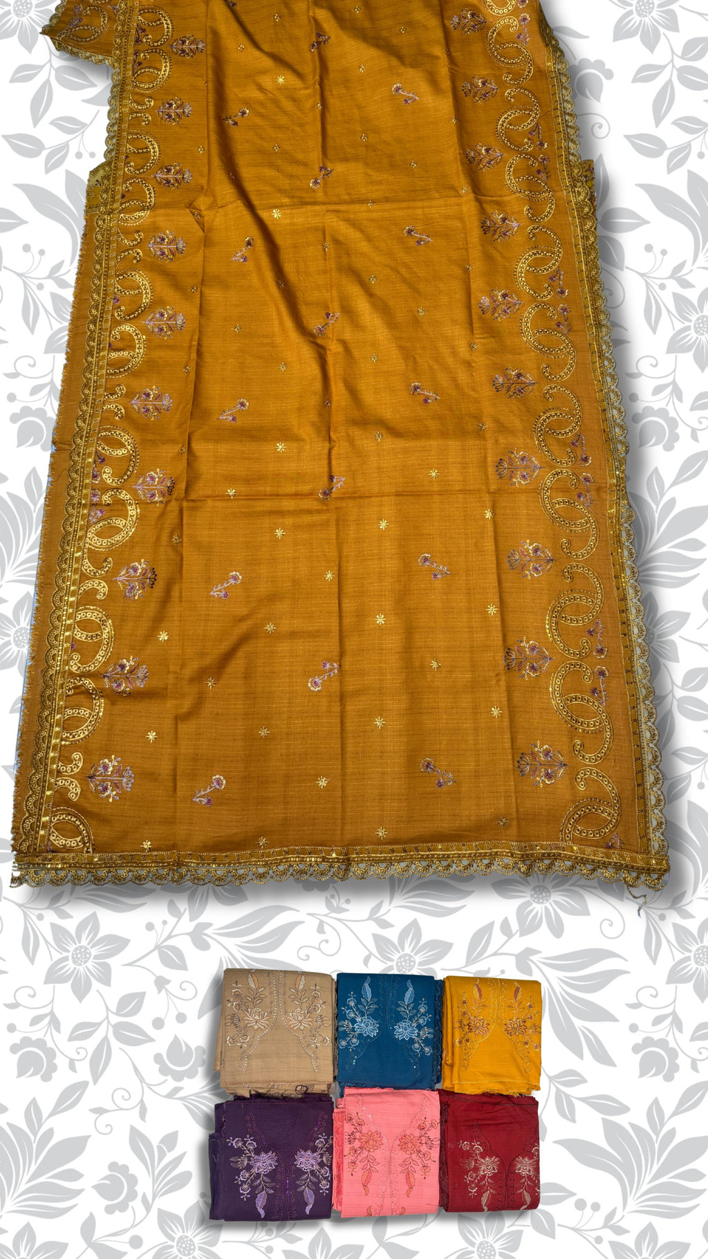 Mustard embroidery shawl 4-side border chamki dhanak winter collection PWT015 Pakistan
