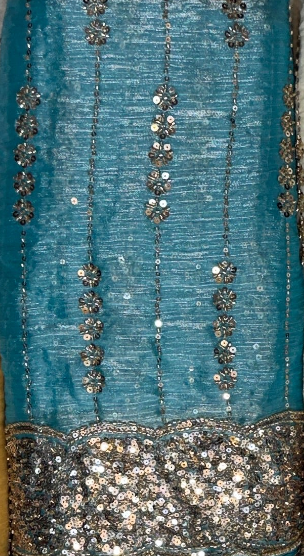 Aqua cut dana dress 4pcs unstitched suit – cutdana work silk with sequin dupatta | The Akbar Mall
