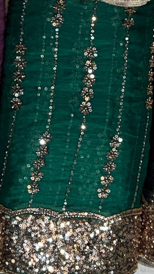 Green cut dana dress 4pcs unstitched suit – cutdana embroidery silk with sequin dupatta | The Akbar Mall
