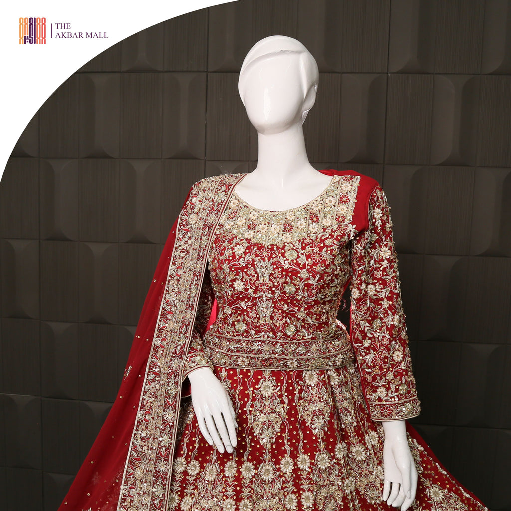 Deep Anari Red Chiffon Bridal Lehenga Choli with Heavy Kora, Nakshi & Dabka Handwork IN PAKISTAN CLOSEUP SHIRT