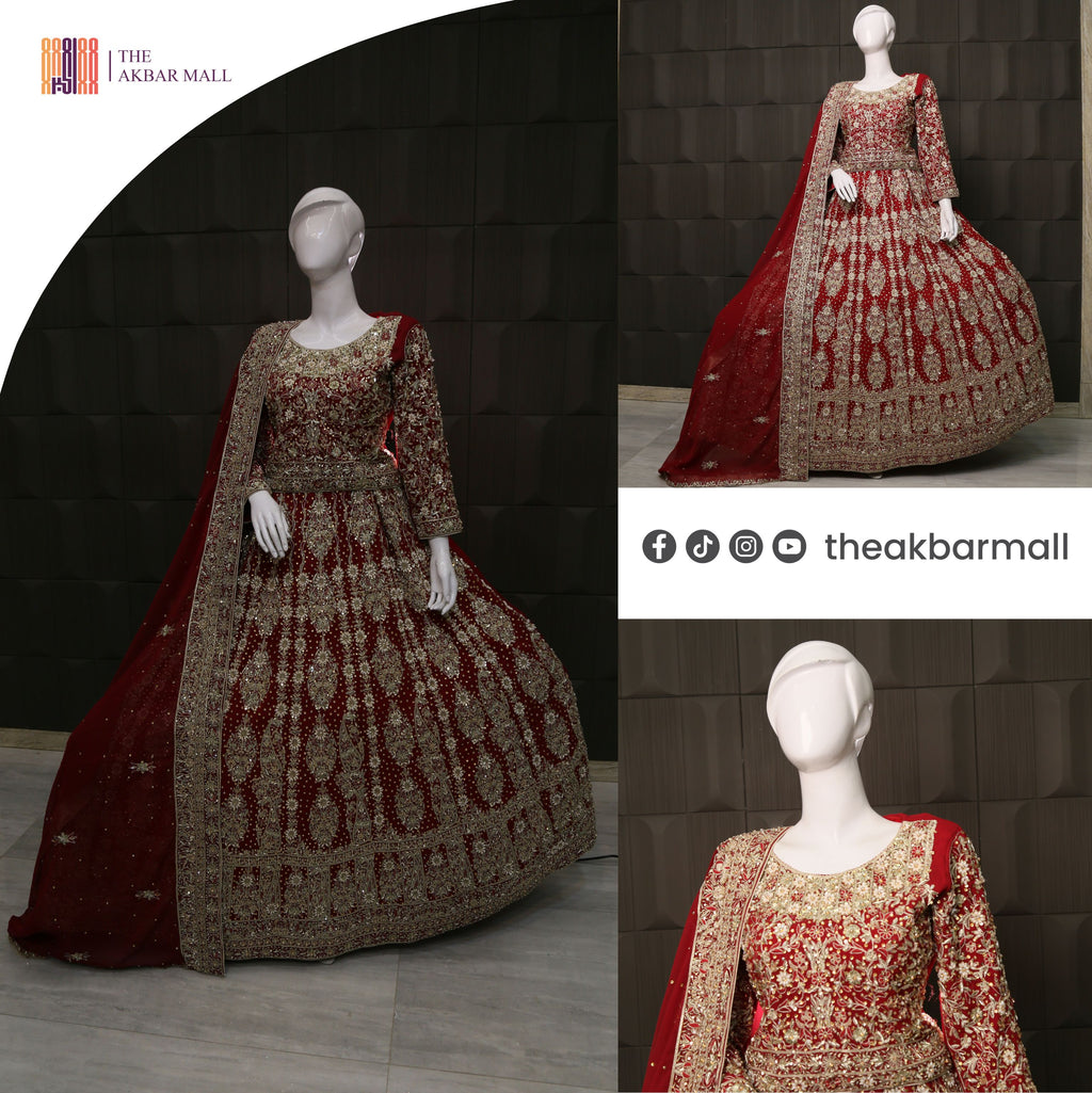 Deep Anari Red Chiffon Bridal Lehenga Choli with Heavy Kora, Nakshi & Dabka Handwork IN PAKISTAN