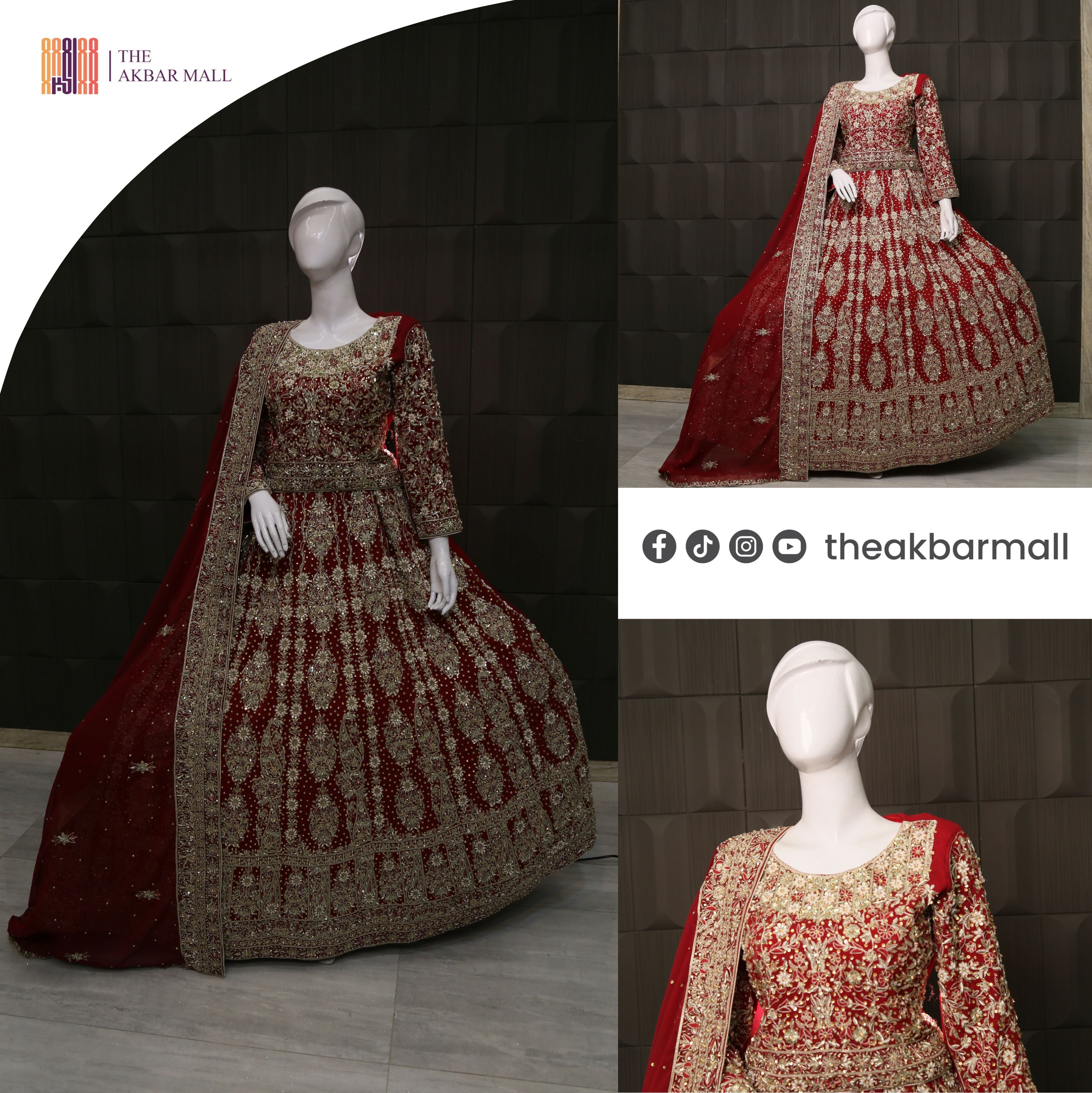 Deep Anari Red Chiffon Bridal Lehenga Choli with Heavy Kora, Nakshi & Dabka Handwork IN PAKISTAN