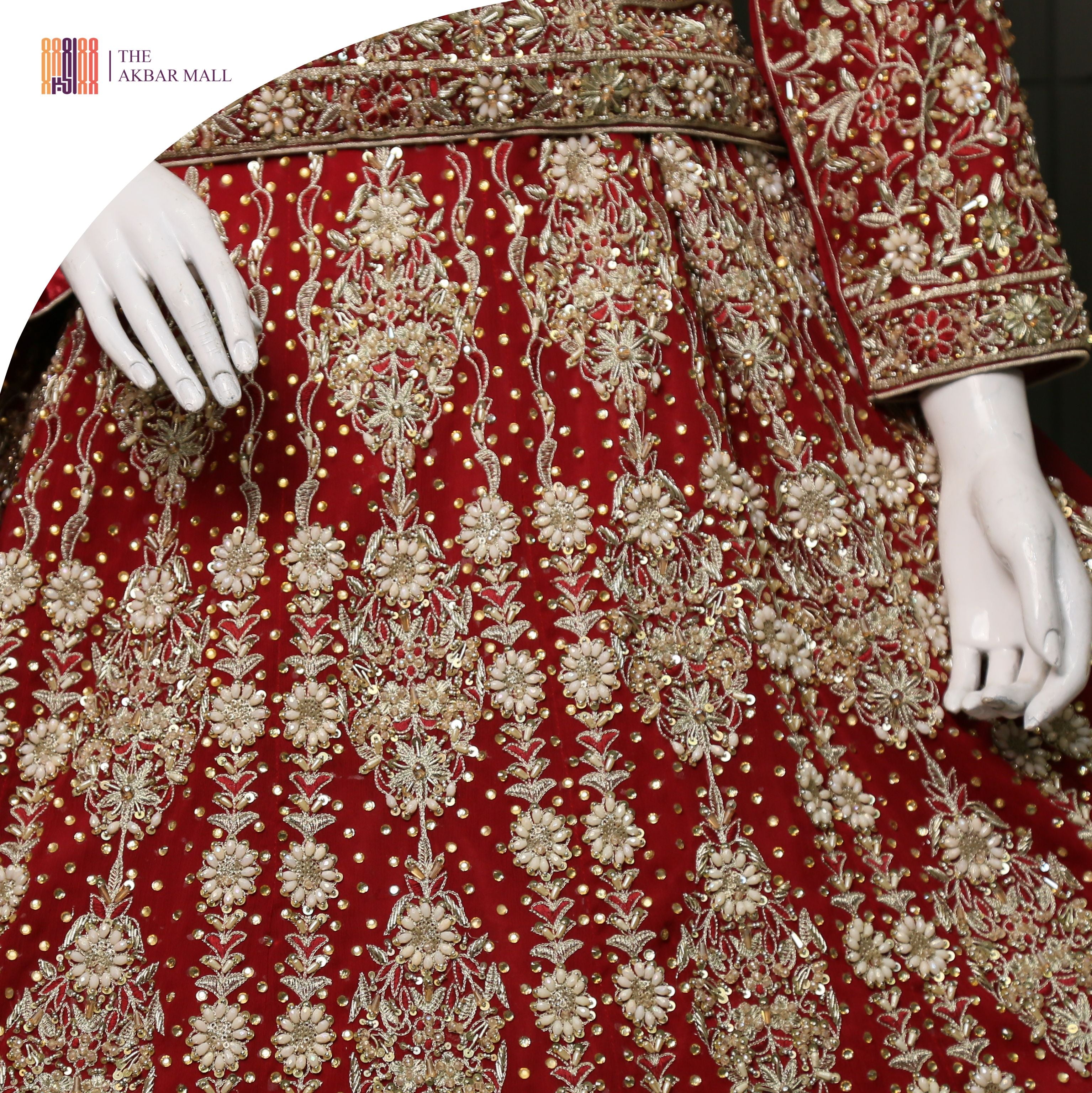 Deep Anari Red Chiffon Bridal Lehenga Choli with Heavy Kora, Nakshi & Dabka Handwork IN PAKISTAN DAMAN