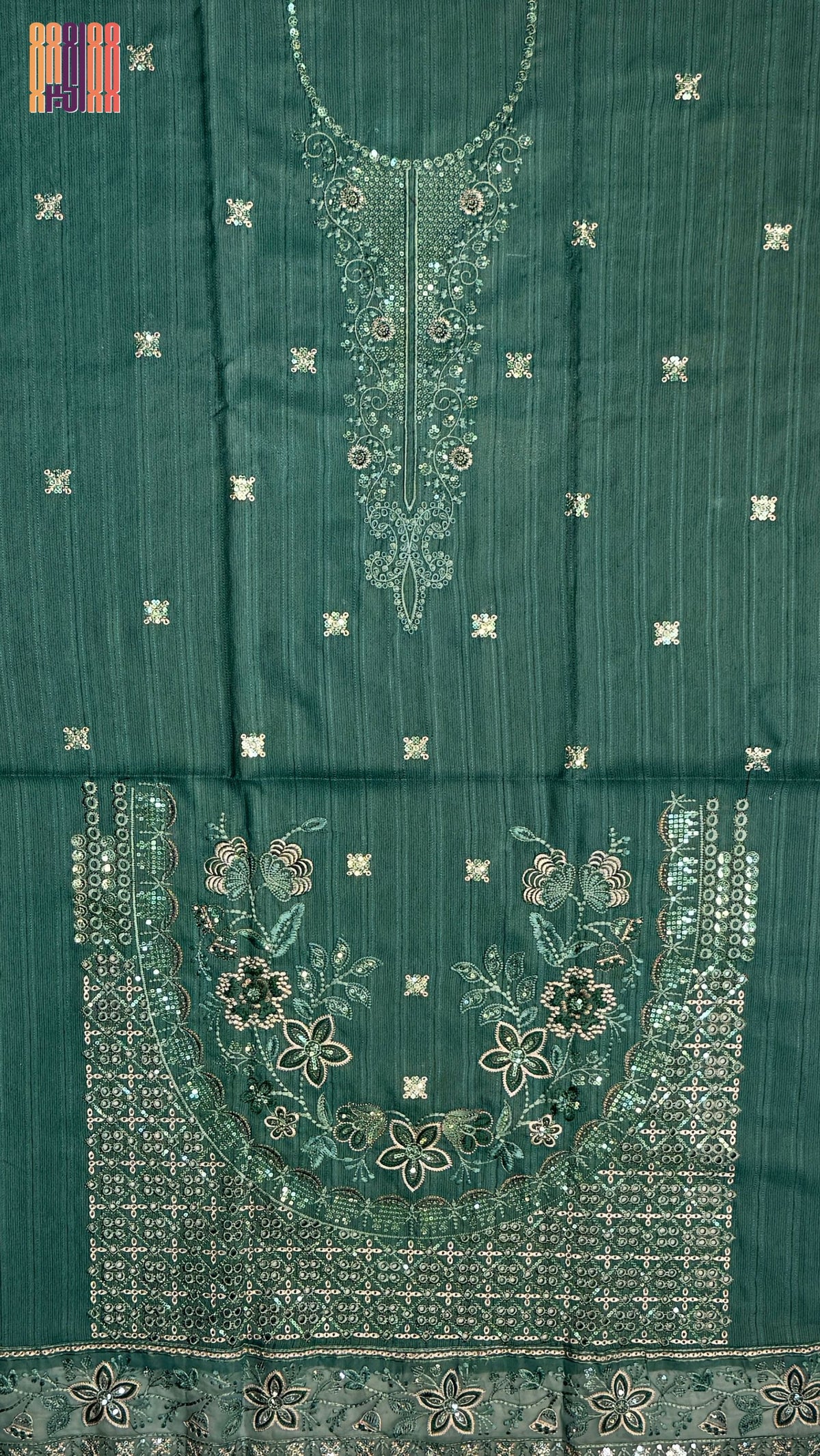 Embroidery dhanak dress green front back work winter partywear collection unstitched PWT013 Pakistan

