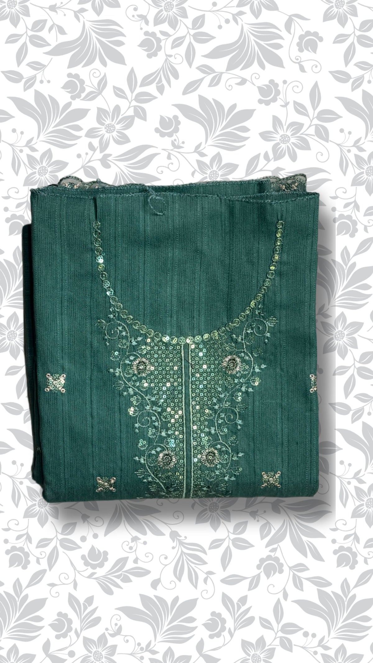Embroidery dhanak dress green folded winter collection partywear unstitched PWT013 Pakistan
