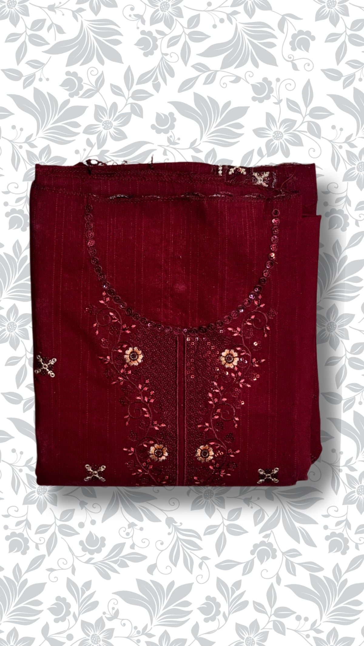 Embroidery dhanak dress maroon folded winter collection partywear unstitched PWT013 Pakistan
