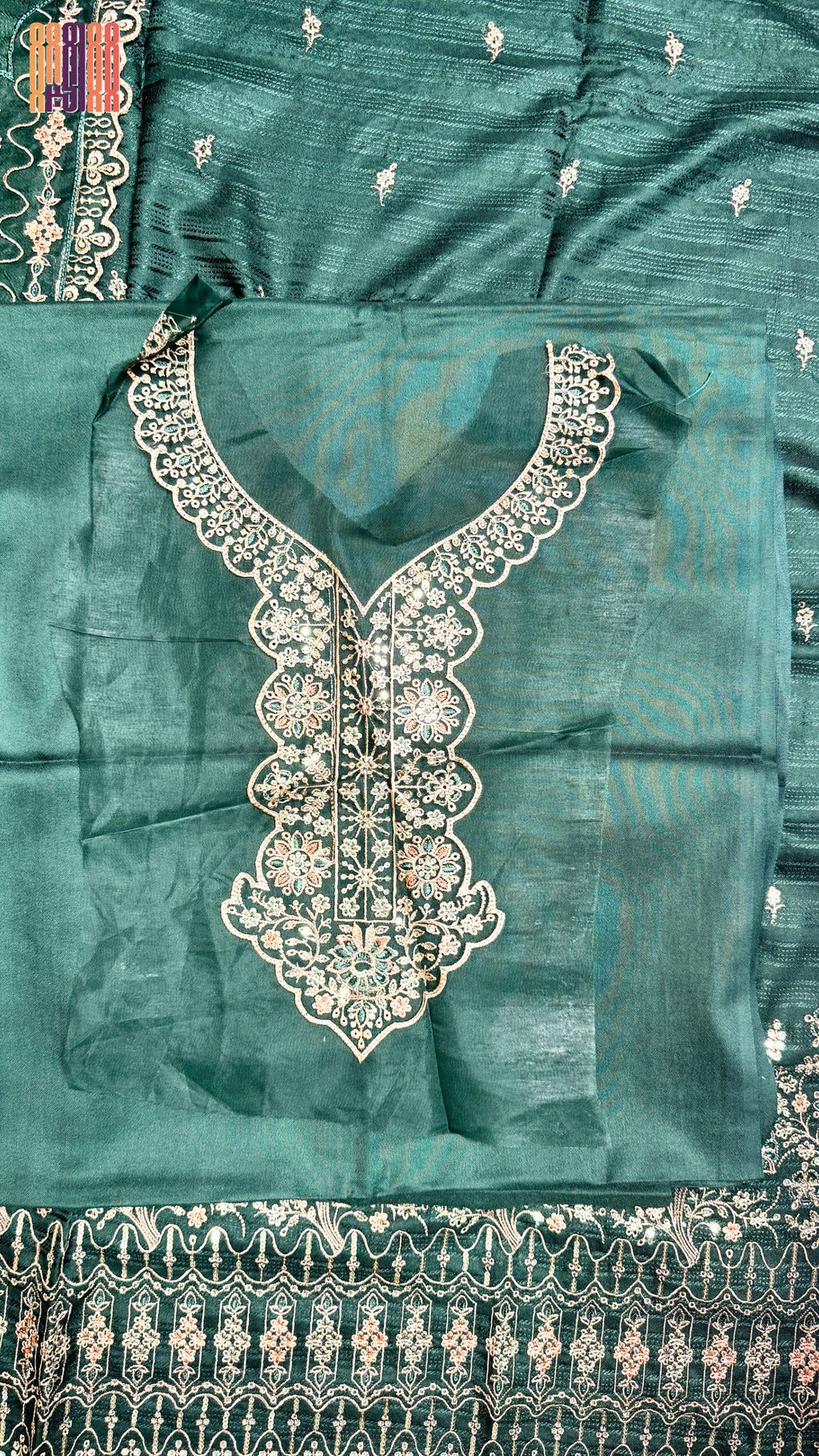 Embroidery dhanak suit bottle green winter partywear collection unstitched PWT011 Pakistan
