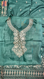 Embroidery dhanak suit bottle green winter partywear collection unstitched PWT011 Pakistan
