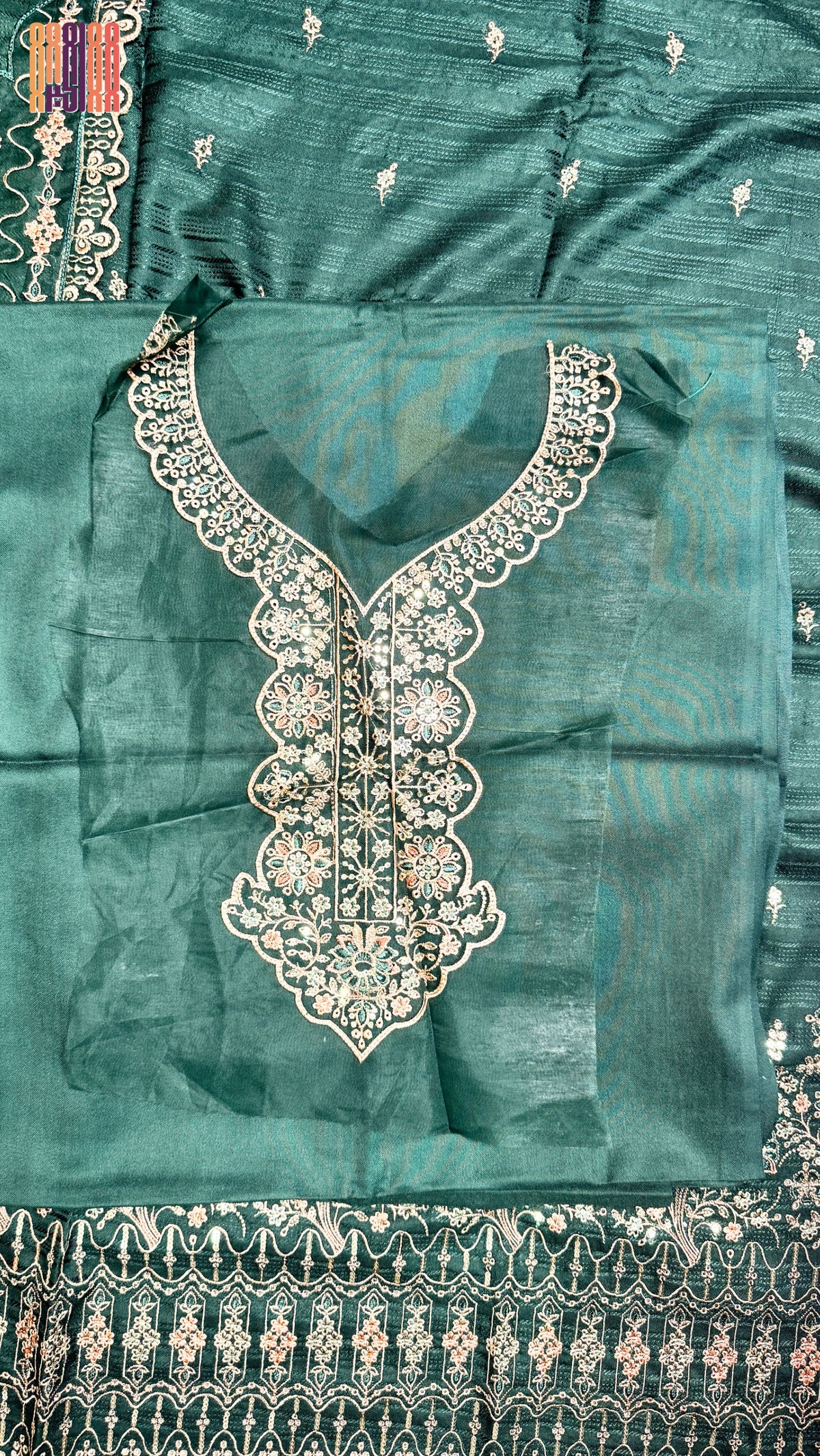 Embroidery dhanak suit bottle green winter partywear collection unstitched PWT011 Pakistan
