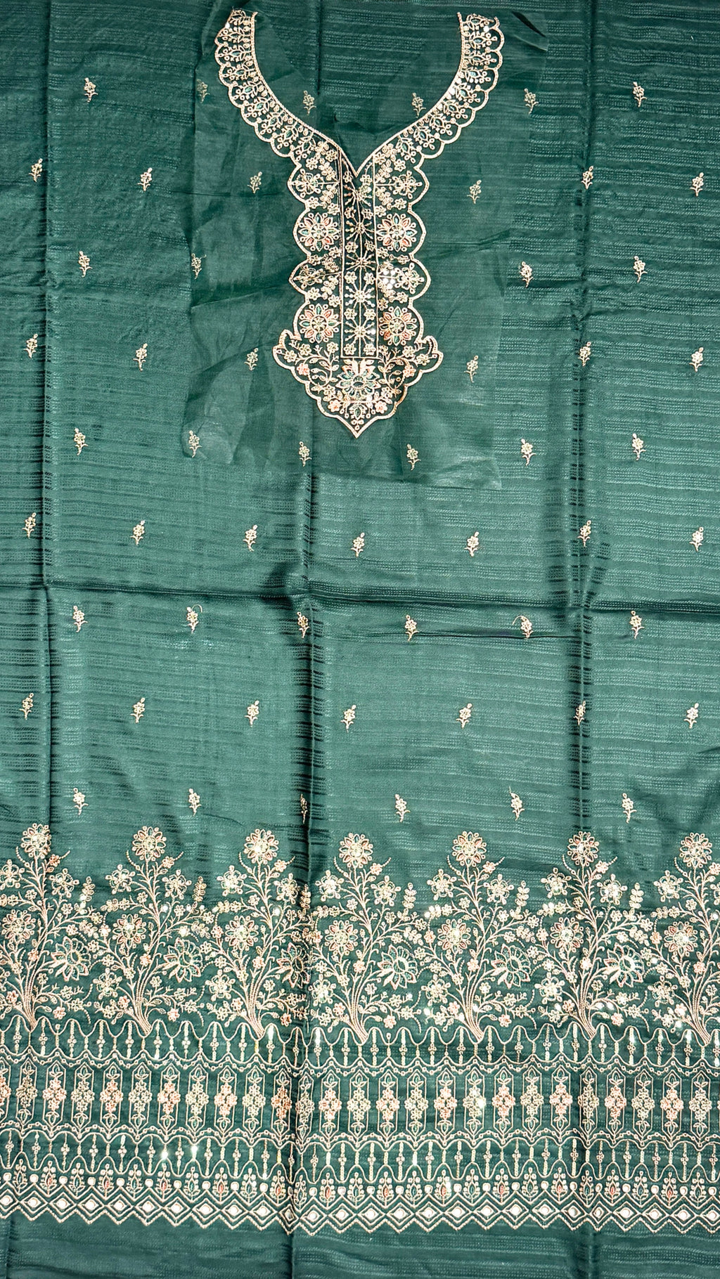 Embroidery dhanak suit bottle green winter partywear collection unstitched PWT011 Pakistan
