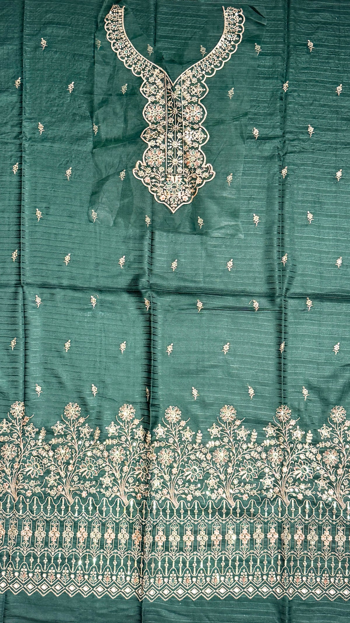 Embroidery dhanak suit bottle green winter partywear collection unstitched PWT011 Pakistan
