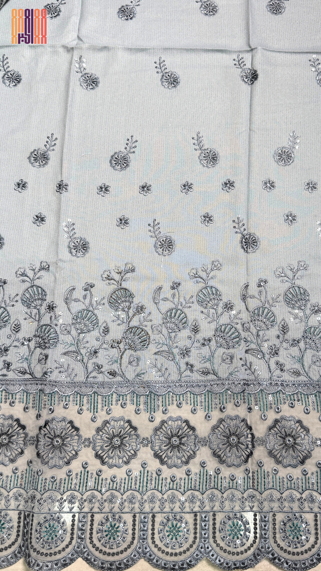 Embroidery organza suit light grey front back work winter partywear unstitched PWT012 Pakistan

