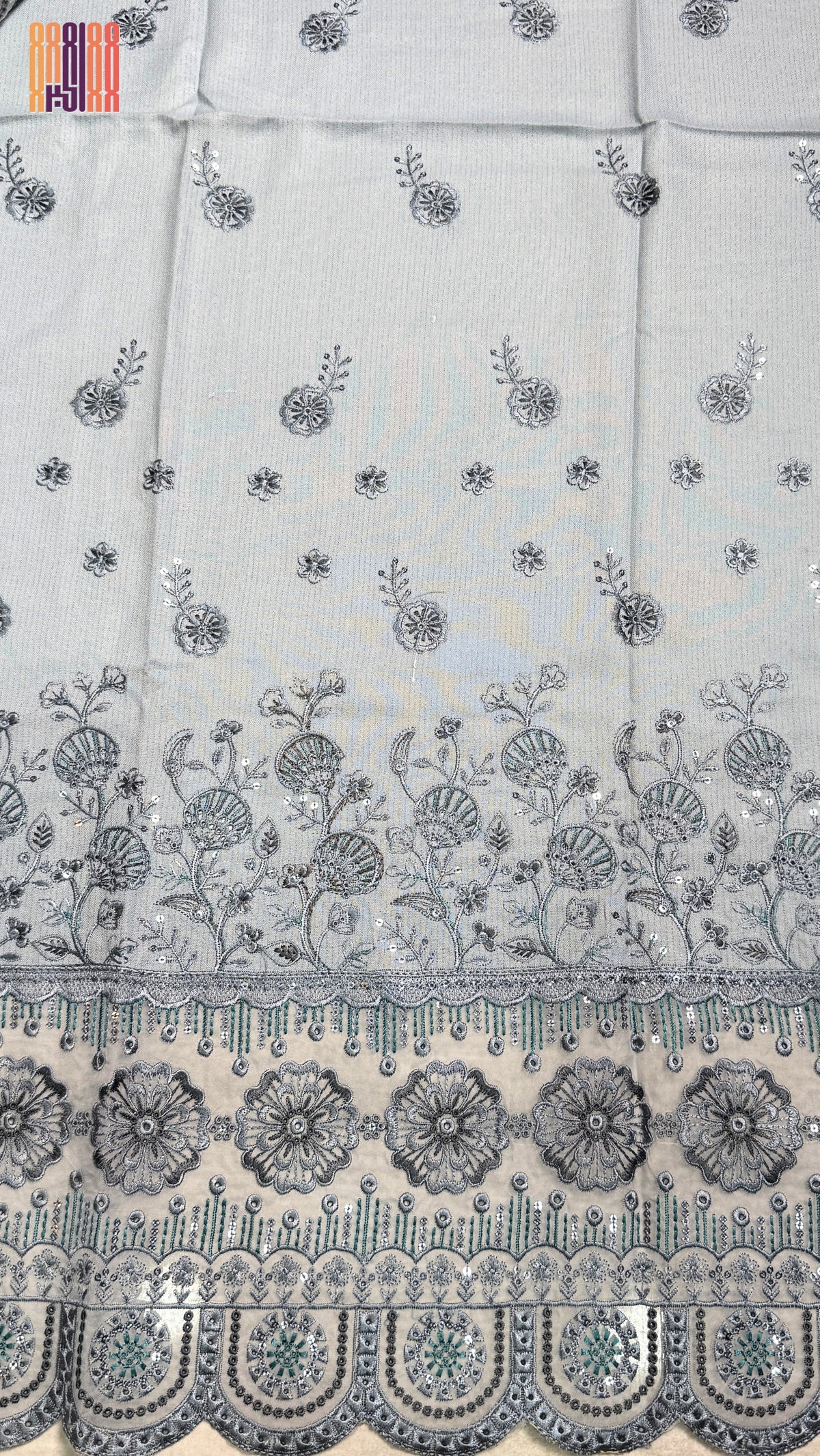Embroidery organza suit light grey front back work winter partywear unstitched PWT012 Pakistan
