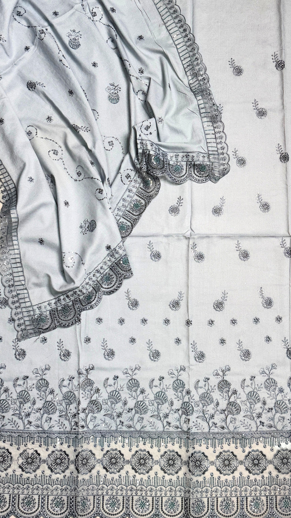 Light grey organza 4-side border embroidery dupatta winter partywear suit PWT012 Pakistan
