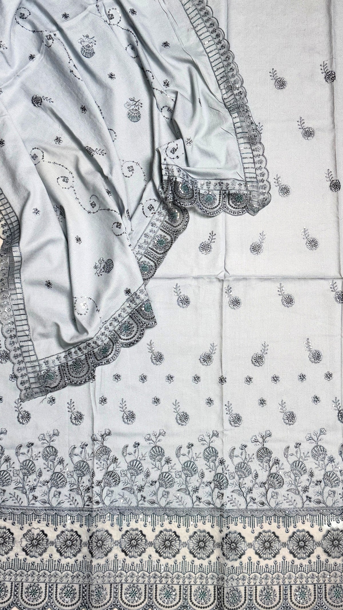 Light grey organza 4-side border embroidery dupatta winter partywear suit PWT012 Pakistan
