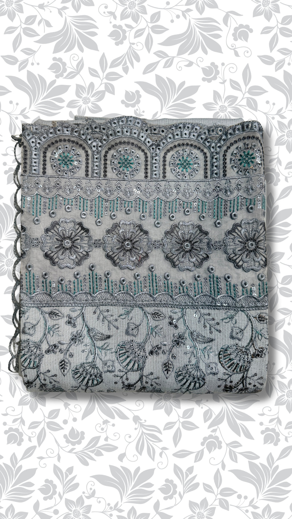 Embroidery organza suit grey folded winter partywear collection unstitched PWT012 Pakistan
