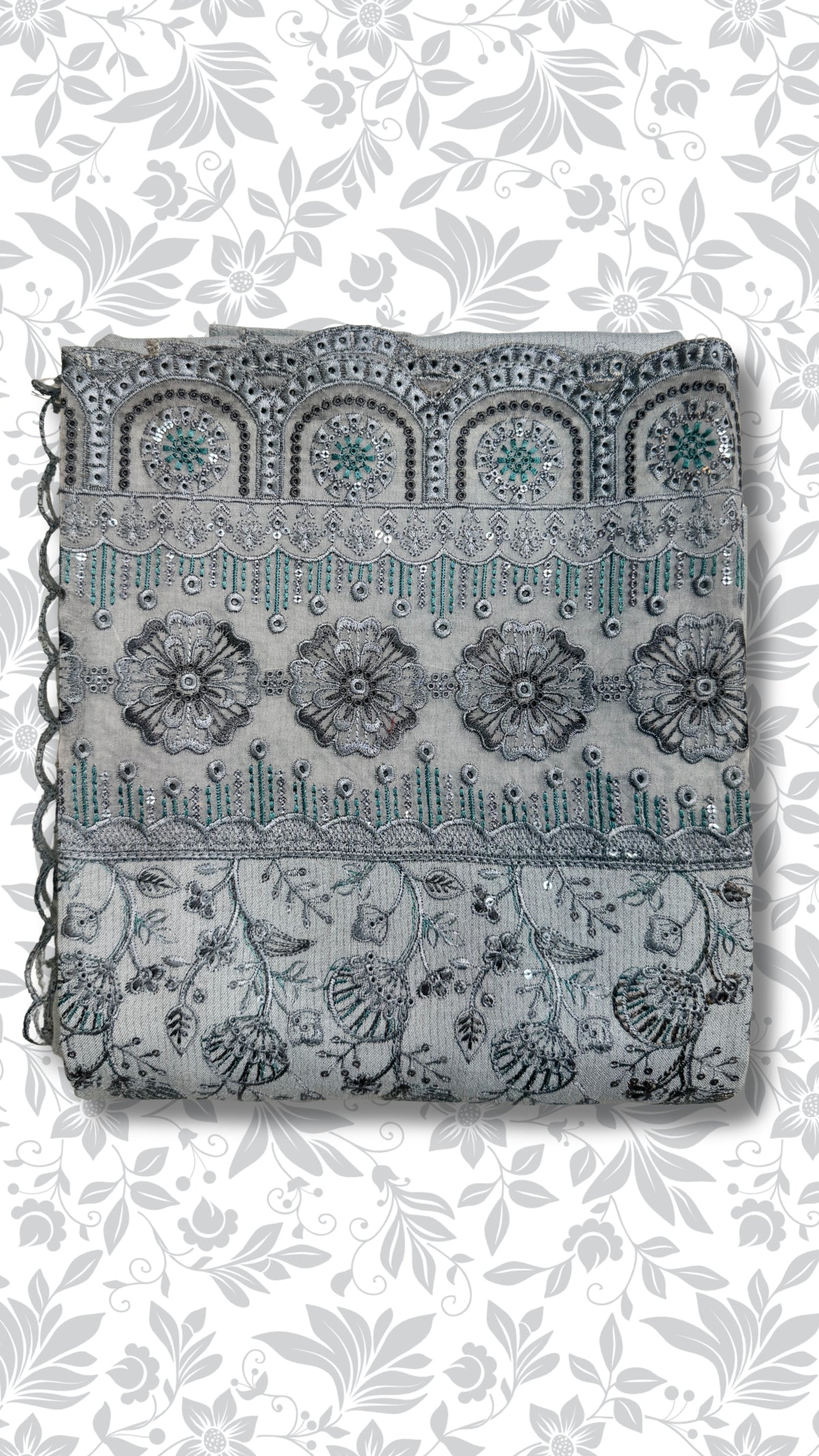 Embroidery organza suit grey folded winter partywear collection unstitched PWT012 Pakistan
