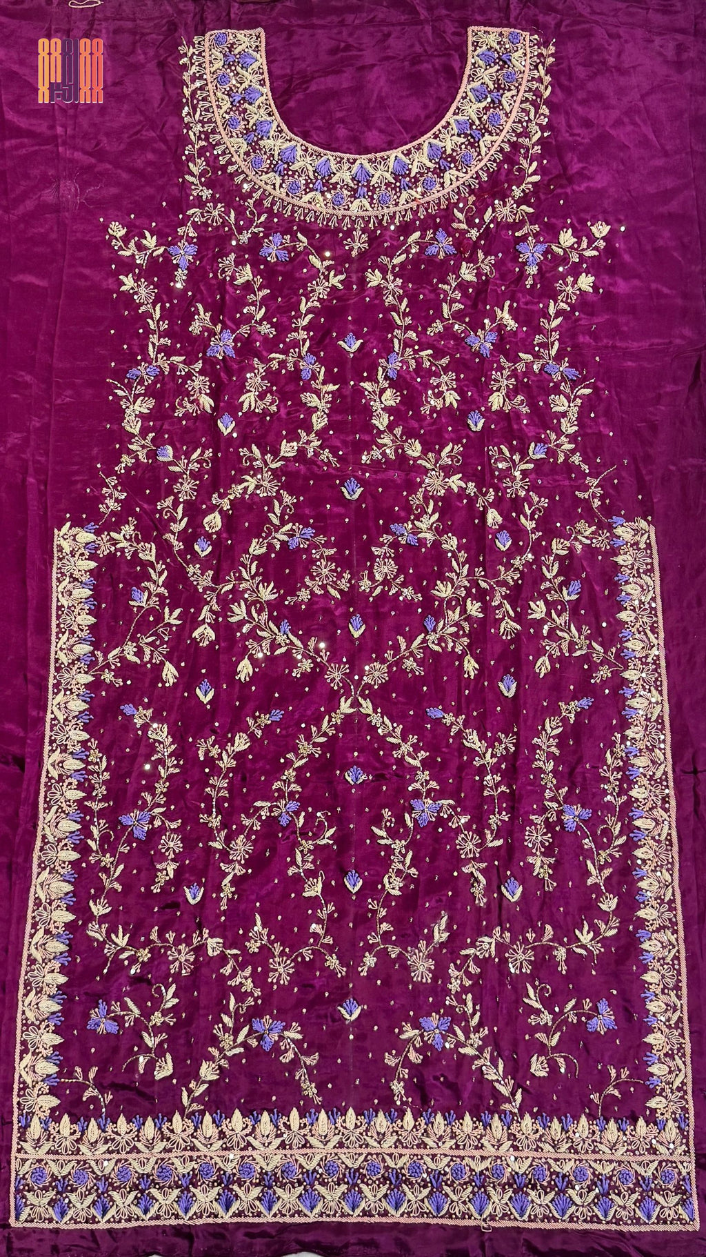 Fancy party wear handmade dress PW045 Marjanda full shirt view – tissue silk heavy dabka embroidery 3pcs unstitched fancy party dresses for women Pakistan
