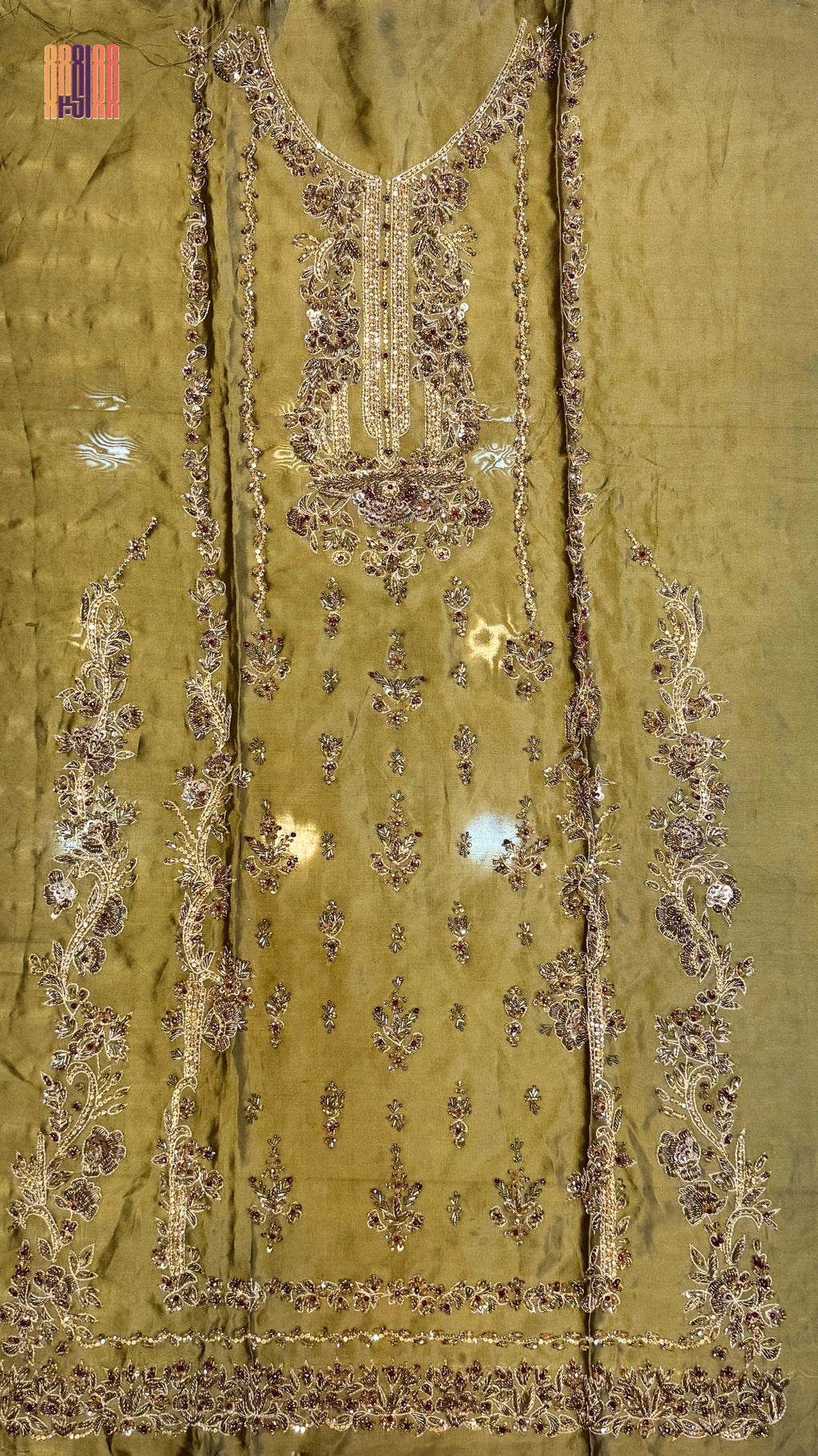 Fancy party wear handmade dress PW043 Mehndi full view – tissue silk 4pcs unstitched suit copper kora sequins cutdana handmade party wear dresses Pakistan
