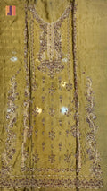 Fancy party wear handmade dress PW043 Mehndi full view – tissue silk 4pcs unstitched suit copper kora sequins cutdana handmade party wear dresses Pakistan
