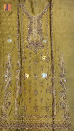 Fancy party wear handmade dress PW043 Mehndi full view – tissue silk 4pcs unstitched suit copper kora sequins cutdana handmade party wear dresses Pakistan
