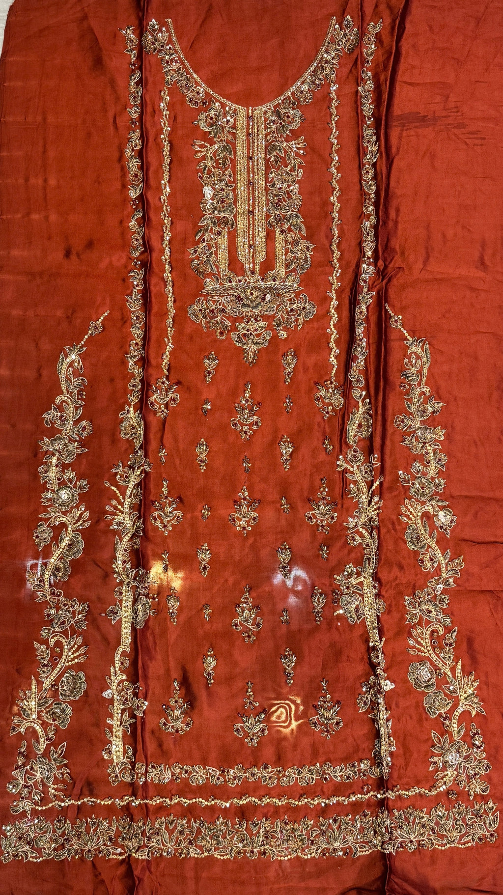 Fancy party wear handmade dress PW043 Rust full view – tissue silk 4pcs unstitched suit copper kora sequins cutdana fancy party dresses for women Pakistan

