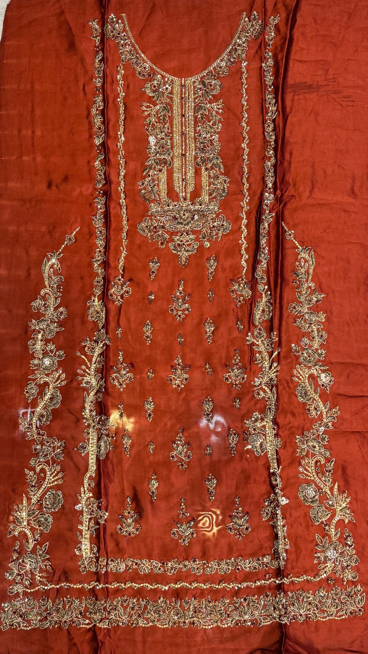 Fancy party wear handmade dress PW043 Rust full view – tissue silk 4pcs unstitched suit copper kora sequins cutdana fancy party dresses for women Pakistan
