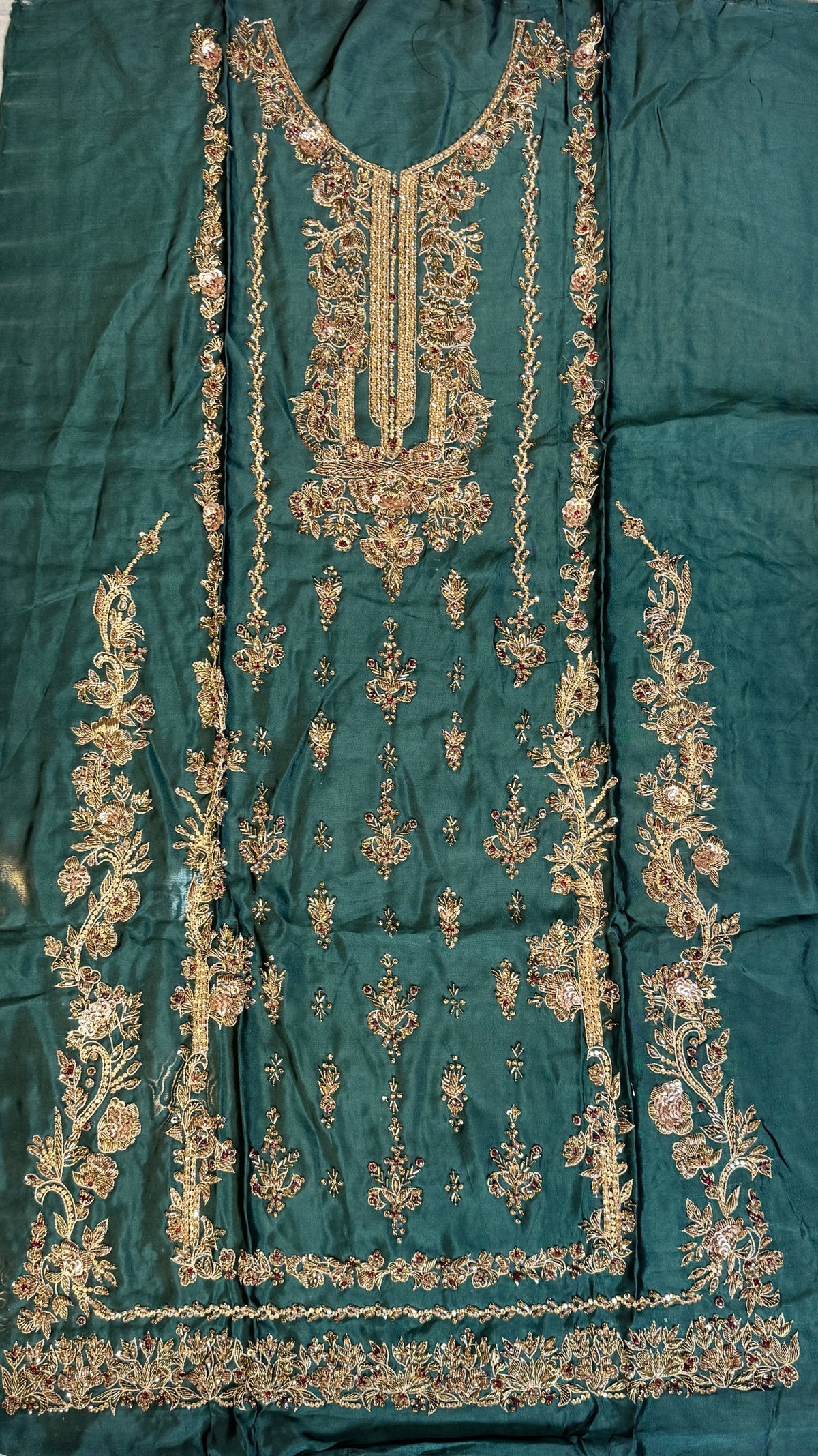 Fancy party wear handmade dress PW043 Zinc full view – tissue silk 4pcs unstitched suit copper kora sequins cutdana fancy dresses brands in Pakistan with price
