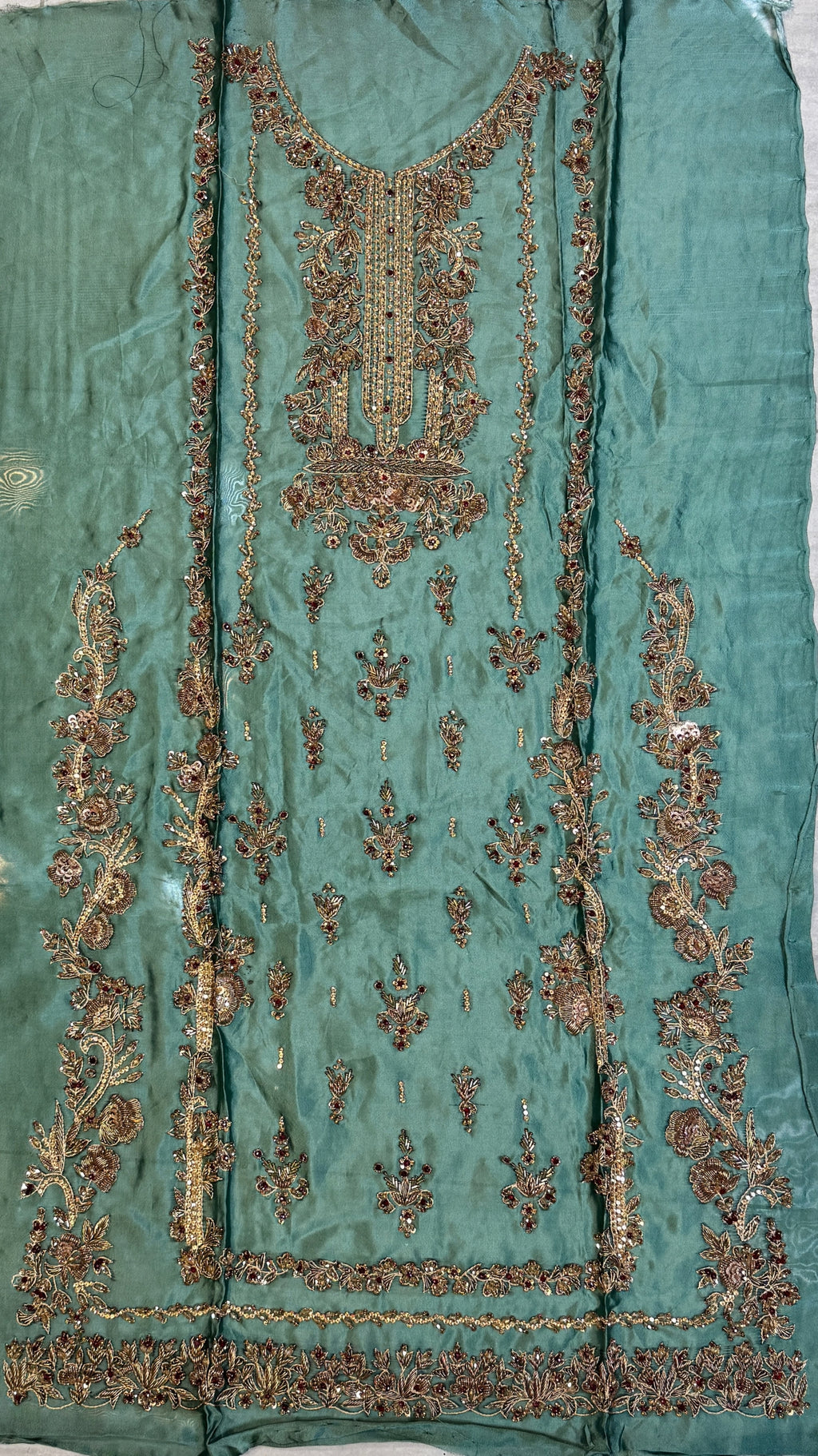 Fancy party wear handmade dress PW043 Aqua full view – tissue silk 4pcs unstitched suit copper kora sequins cutdana fancy dresses for women Pakistan
