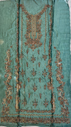 Fancy party wear handmade dress PW043 Aqua full view – tissue silk 4pcs unstitched suit copper kora sequins cutdana fancy dresses for women Pakistan
