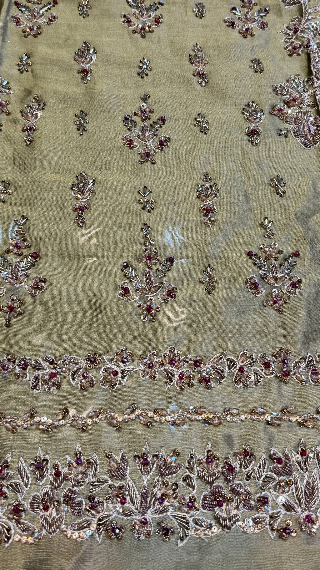 Fancy handmade dress PW043 Mehndi close up – heavy hand embroidery copper kora sequins cutdana tissue silk fancy party wear dresses in Pakistan
