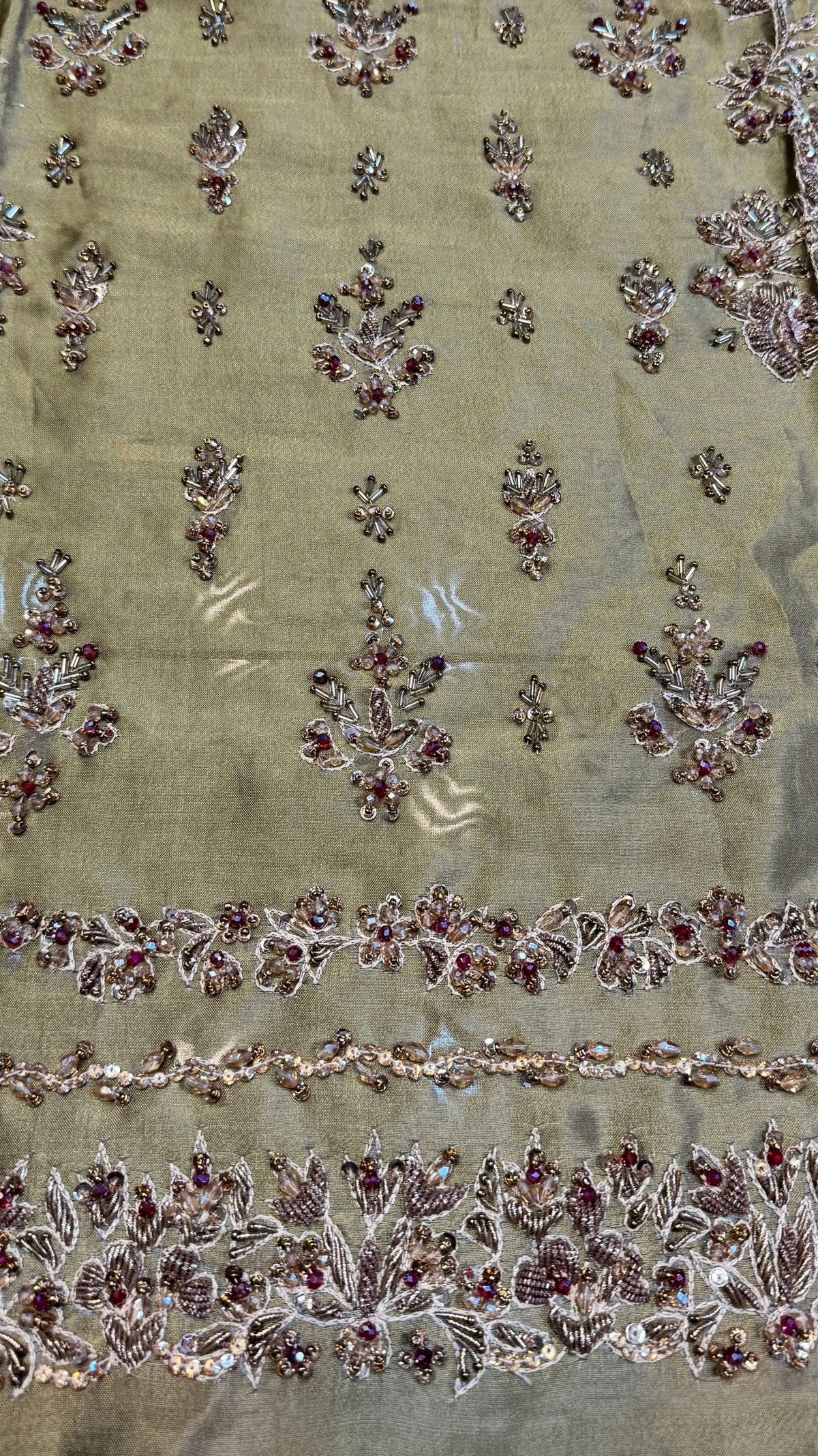 Fancy handmade dress PW043 Mehndi close up – heavy hand embroidery copper kora sequins cutdana tissue silk fancy party wear dresses in Pakistan
