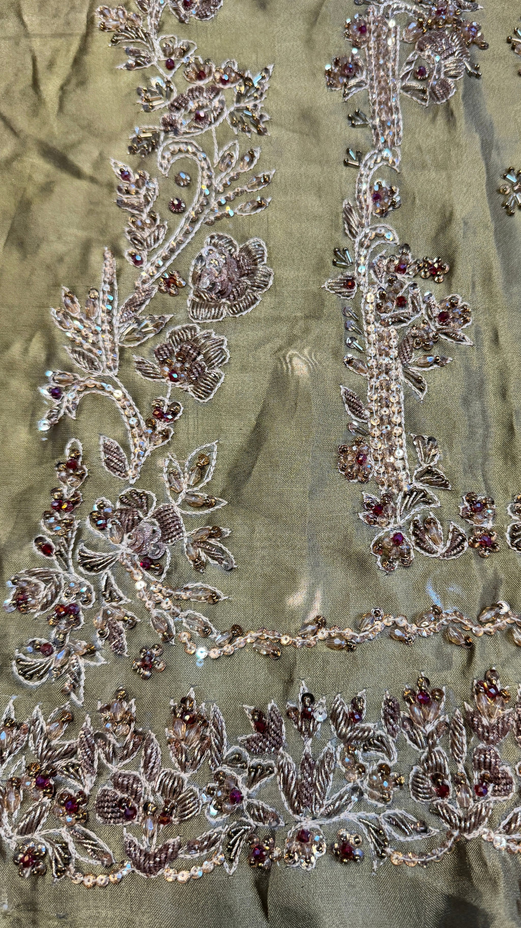 Fancy handmade dress PW043 Mehndi close up – heavy hand embroidery copper kora sequins cutdana tissue silk fancy party wear dresses in Pakistan
