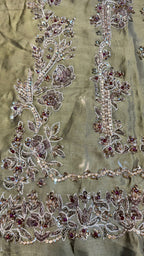 Fancy handmade dress PW043 Mehndi close up – heavy hand embroidery copper kora sequins cutdana tissue silk fancy party wear dresses in Pakistan
