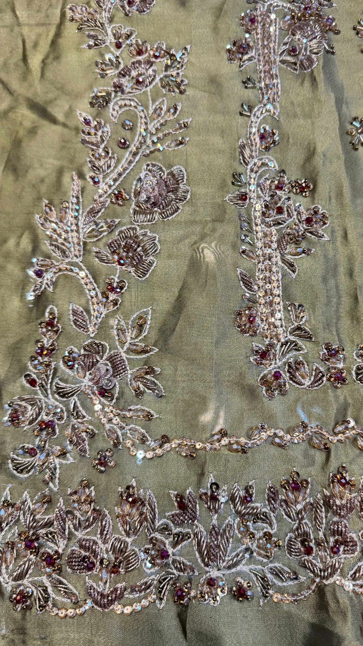 Fancy handmade dress PW043 Mehndi close up – heavy hand embroidery copper kora sequins cutdana tissue silk fancy party wear dresses in Pakistan
