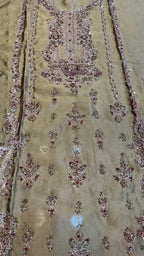 Fancy handmade dress PW043 Mehndi close up – heavy hand embroidery copper kora sequins cutdana tissue silk fancy party wear dresses in Pakistan
