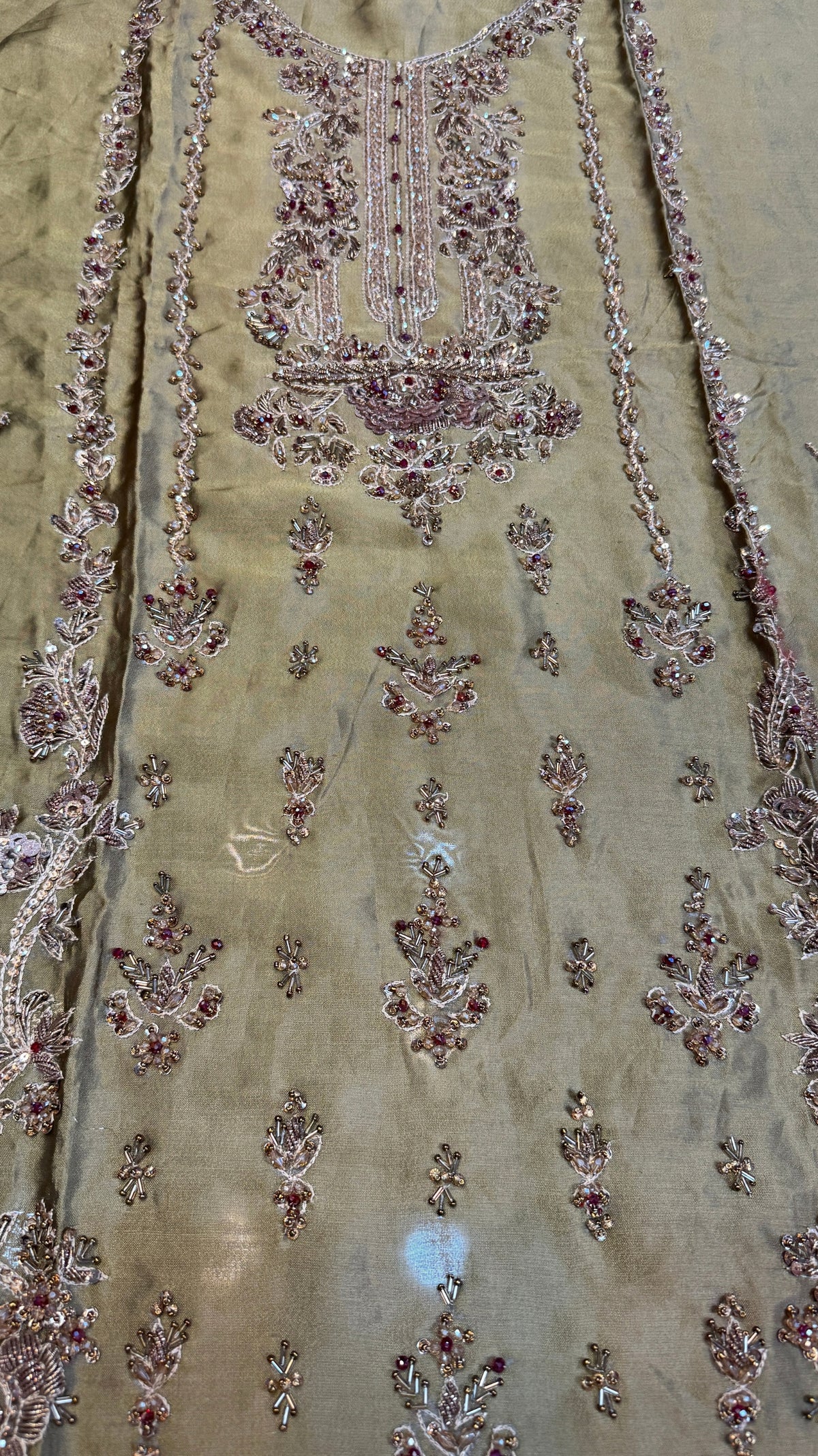 Fancy handmade dress PW043 Mehndi close up – heavy hand embroidery copper kora sequins cutdana tissue silk fancy party wear dresses in Pakistan
