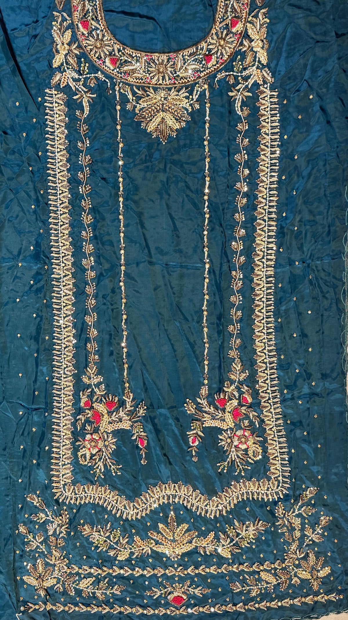 Fancy party wear handmade dress PW044 Zinc full shirt view – tissue silk long shirt heavy dabka embroidery 3pcs unstitched fancy party dresses for women Pakistan
