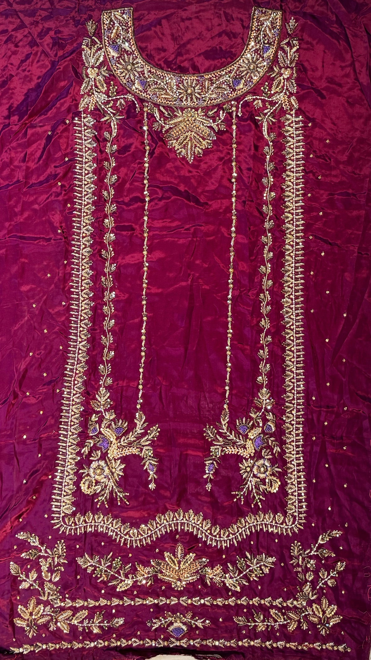 Fancy party wear handmade dress PW044 Purple full shirt view – tissue silk long shirt heavy dabka hand embroidery 3pcs unstitched fancy dresses for girls Pakistan
