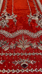 Fancy handmade dress PW044 Rust close up – heavy dabka hand embroidery tissue silk long shirt front detail fancy party wear dresses in Pakistan

