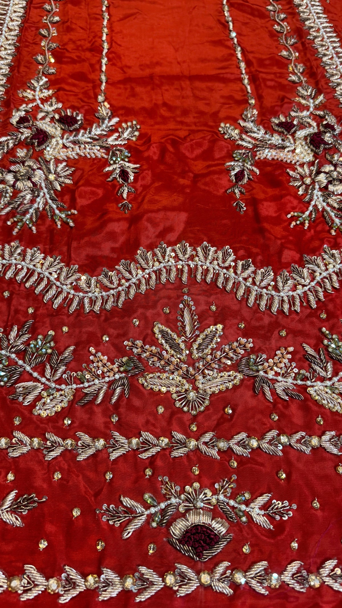 Fancy handmade dress PW044 Rust close up – heavy dabka hand embroidery tissue silk long shirt front detail fancy party wear dresses in Pakistan
