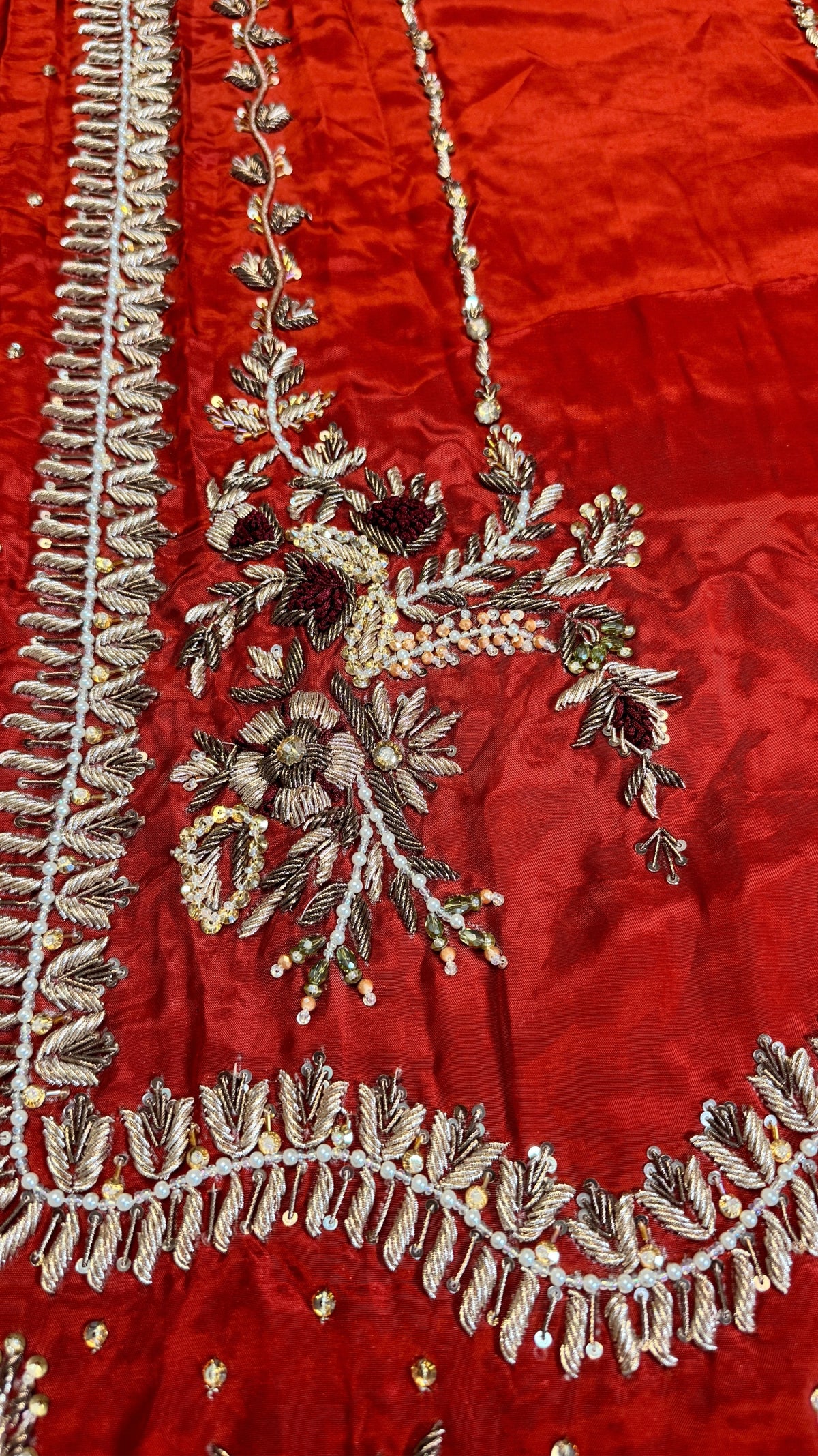 Fancy party wear PW044 Rust embroidery close up – dabka hand work tissue silk long shirt fancy dress design party wear Pakistan
