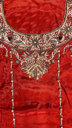 Fancy hand made dress PW044 Rust dabka detail – heavy hand embroidery tissue silk fancy party dresses for women unstitched suit Pakistan
